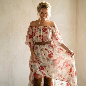 Une Ame Spring Floral Off-the-Shoulder Maxi Dress for Summer - Small - Like New